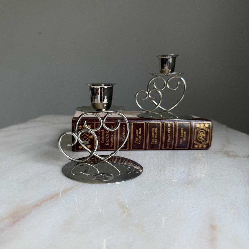 Vintage Silver Heart Taper Candle Holders Set of 2 Romantic‎ Wedding Decor 3.25"